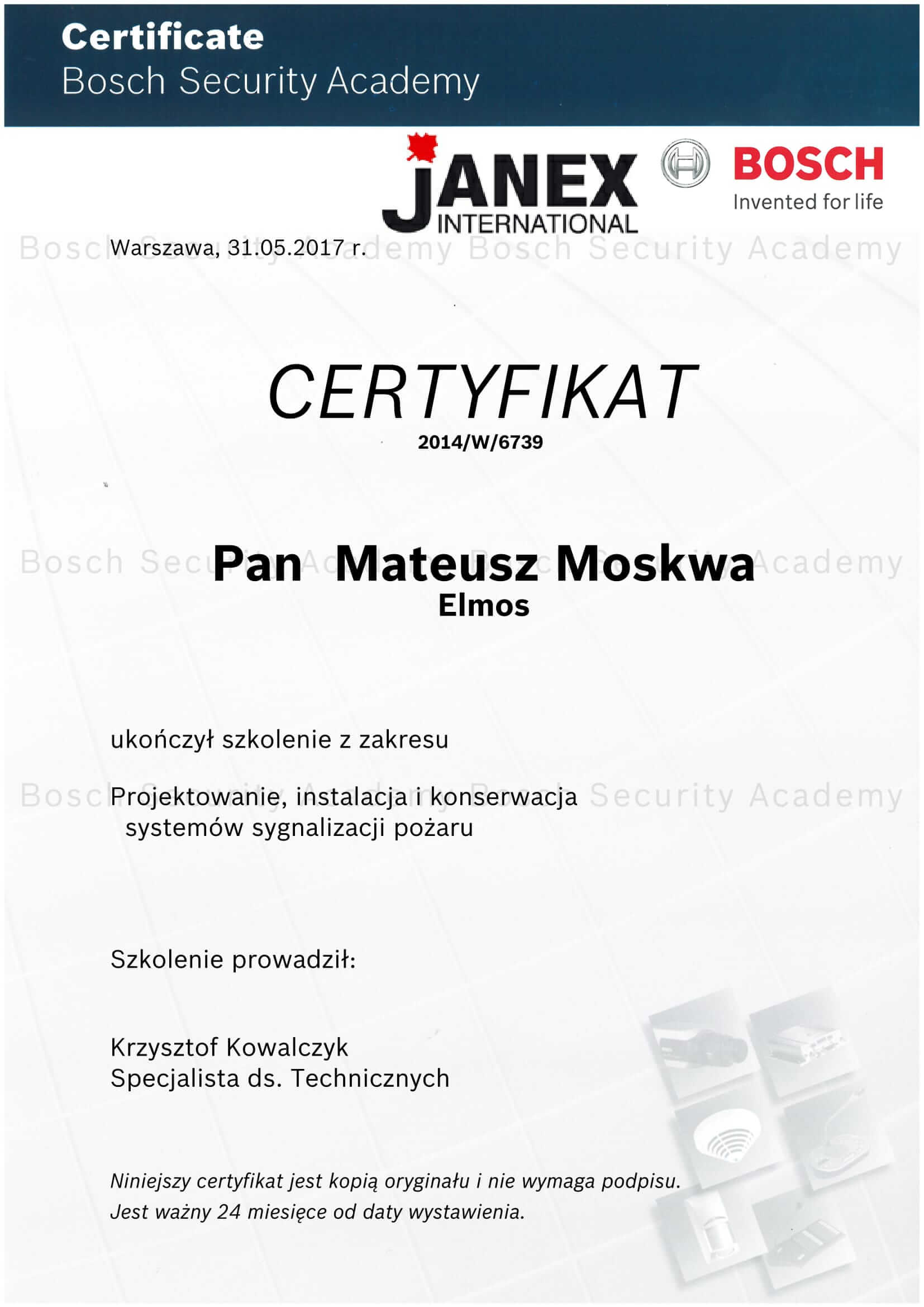 Certyfikat BOSCH Security Academy
