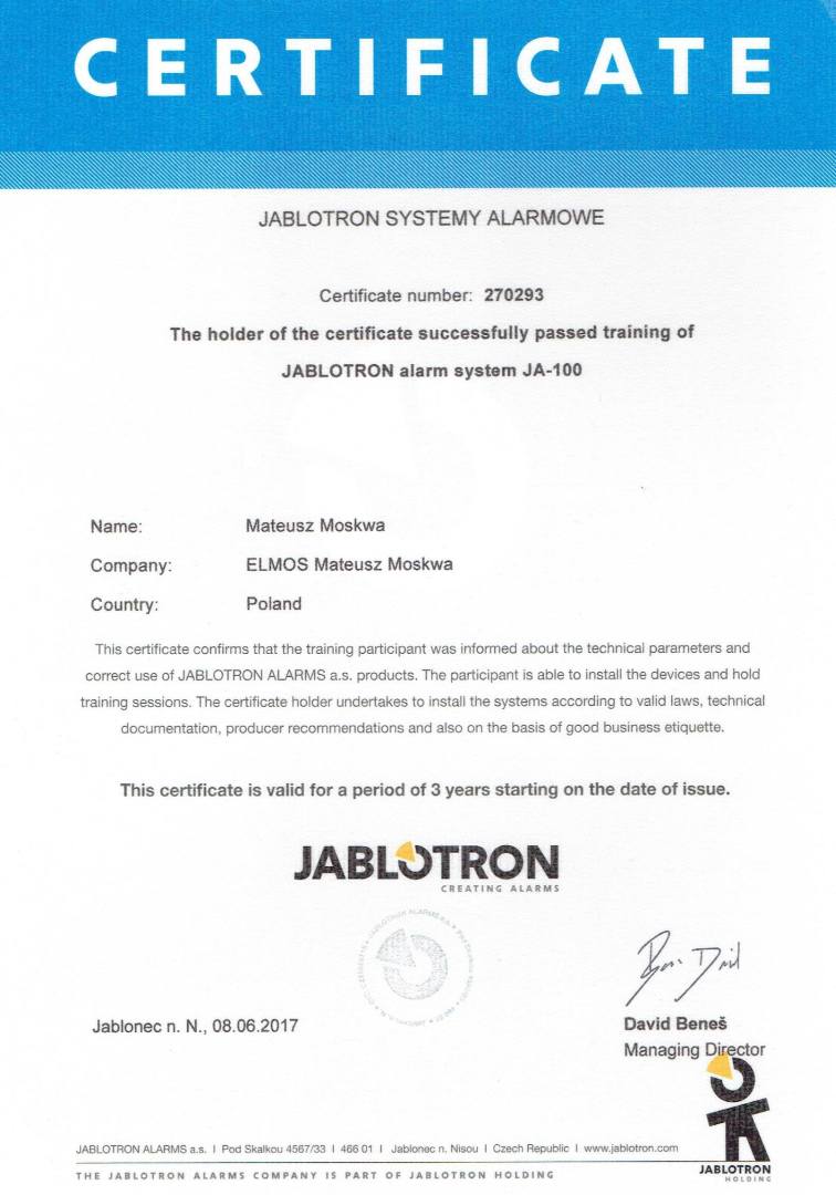 Certyfikat jablotron